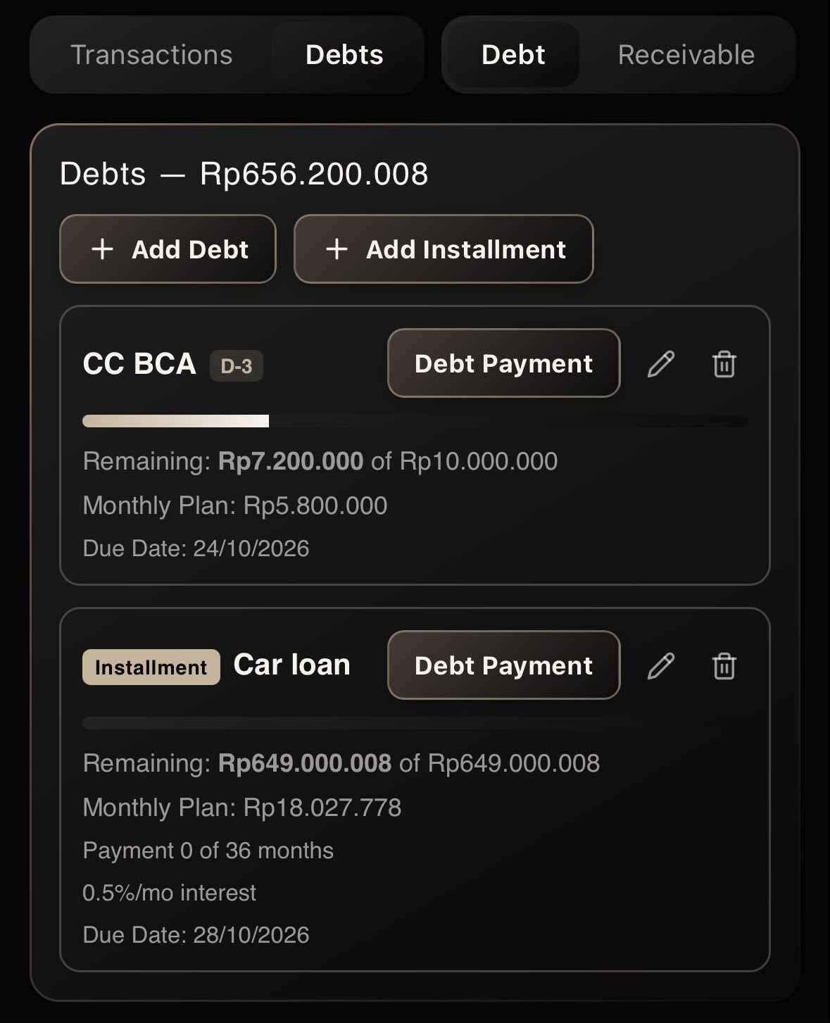 REVINANCE debt management screen showing balances, installments, monthly plans and due dates