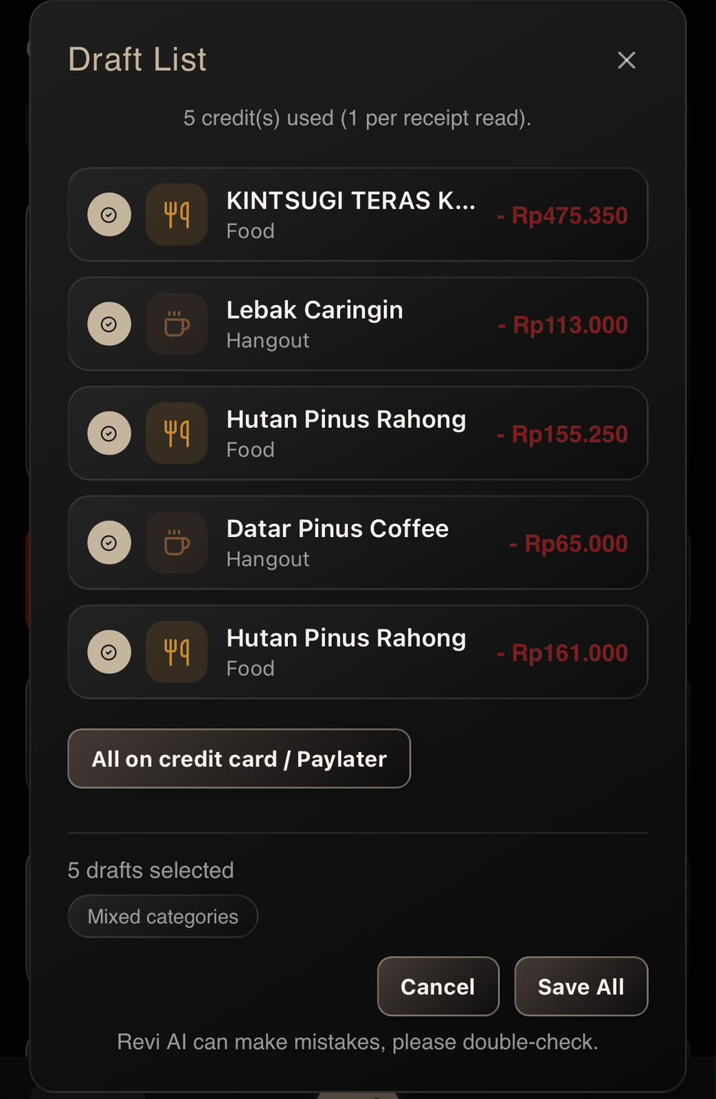 REVINANCE Revi AI Draft List showing five receipt drafts processed together in one scan